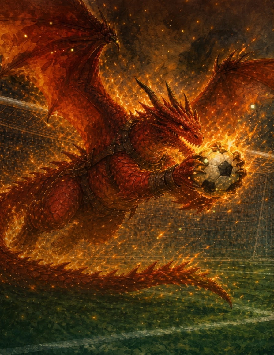 The mighty Firekeeper dragon with a flaming soccer ball
