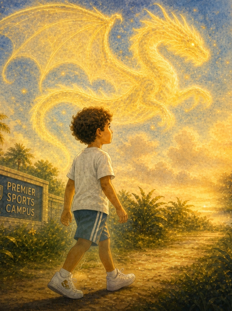 Owen walks toward a glowing golden dragon